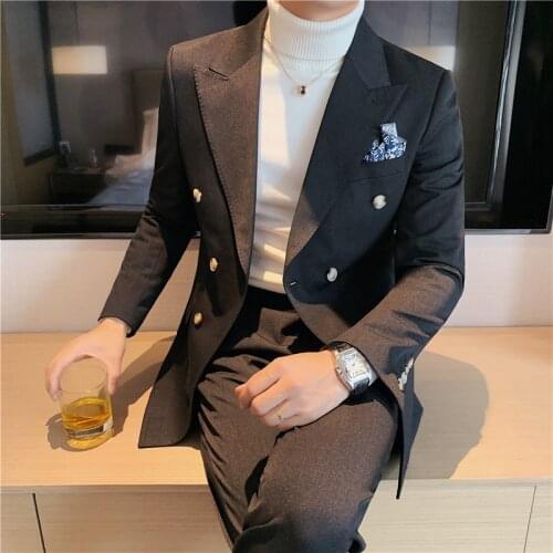 2Pieces (Jacket+Pant) Autumn Winter Fashion Double Breasted Thick Suit Men Clothing Simple Wedding Dress Business Formal Wear