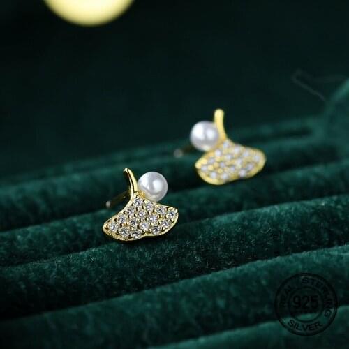 925 Sterling Silver Pearl Ginkgo Leaf Stud Earrings For Women Simple High Quality New Trend Hot Sale Girlfriend Gifts Jewelry