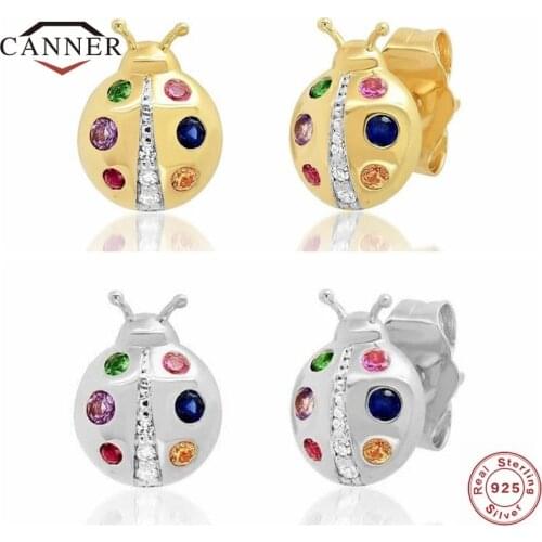 CANNER Real 925 Sterling Silver INS Color Ladybug Stud earrings For Women Small Cute Piercing Earring Earings Jewelry Pendientes