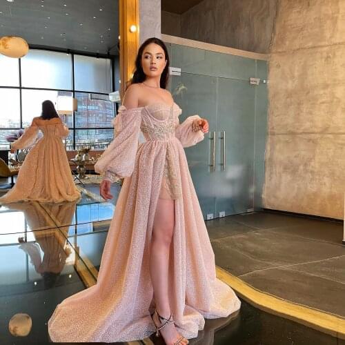 Glitter Elegant Prom Dresses Long Sleeves Off The Shoulder Sequins Shiny High Split Women Party Night Gowns Plus Size Custom