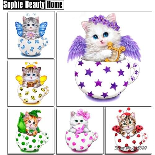 DIY Diamond Painting Cross Stitch Diamond Mosaic Needlework Crafts Cute Cat In the Cup Full Diamond Embroidery Home Decor 062301
