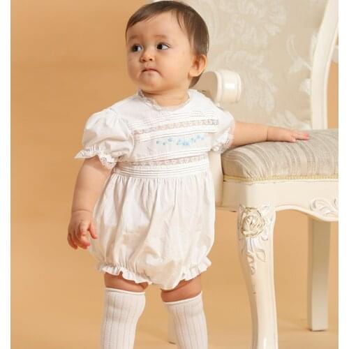 Baby Girl Boutique White Romper Hand Made Embroidery Flower Cotton Jumpsuit Newborn Baptism Rompers Christening Spanish Clothes