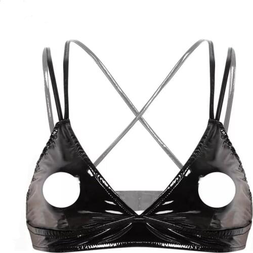 Half Cup Nipple Exposing Shiny Latex Spaghetti Strap Tops Sexi Women Sexy Glossy Deep U Leather Strapless Bra Erotic Porn Plunge