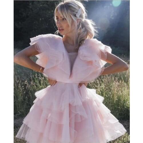 Sweet Blush Pink Short Tulle Women Dresses To Birthday Party Pretty Ruffles Tiered Tulle Mini School Party Dress
