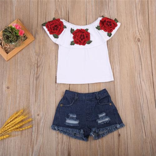 New 2020 2PCs Toddler Kids Baby Girls Outfits 3D Flower Tops Shirt Denim Pants Outfits