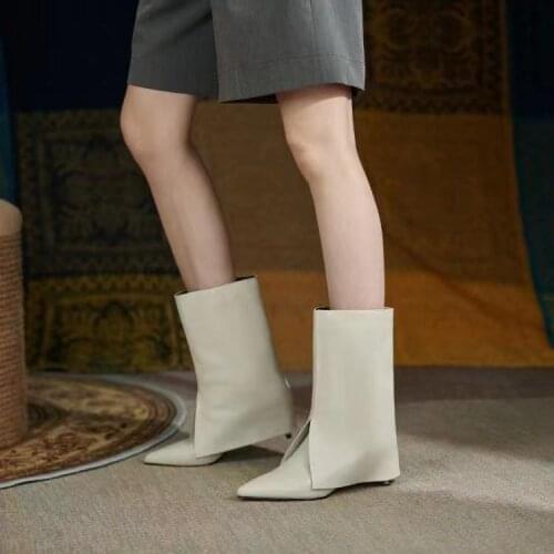 New Fashion Womens Ankle Boots Slip On Mid Calf Gunuine Leather Boot Sexy Outdoor Ladies Shoes