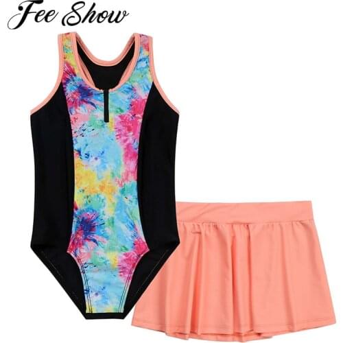 New Kids Girls Swimwear Bathing Suit Beach Bathing Suits Round Neck Sleeveless Racer Back Keyhole Back Jumpsuit and Skirt Set