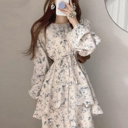 Autumn Dress Chiffon Floral Dress Female Midi Dress 2021 New Korean One-Piece Chic Retro O Neck Double Layer Ruffled Lace Dress