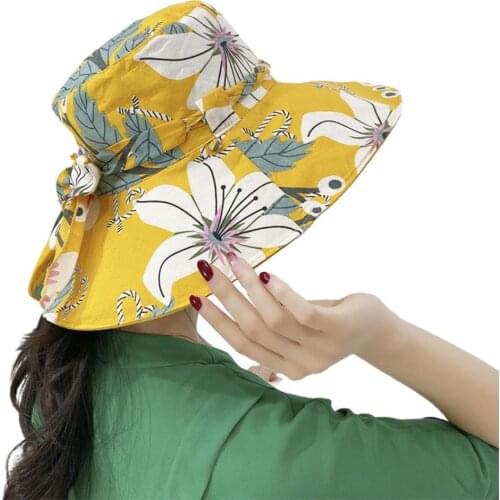 Bucket Hat Flower Printing Anti-UV Bow Superlarge Brim Foldable Sun Cap Fashion Accessories UV Protect Travel кепка мужская