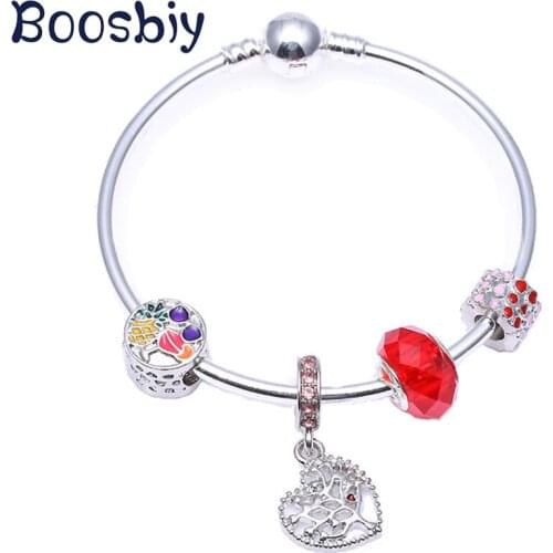 Silver Plated Charm Bracelet With Pink Love Tree Charm Beads Fits Brand Charm Bracelet For Women Romantic Jewelry Gift