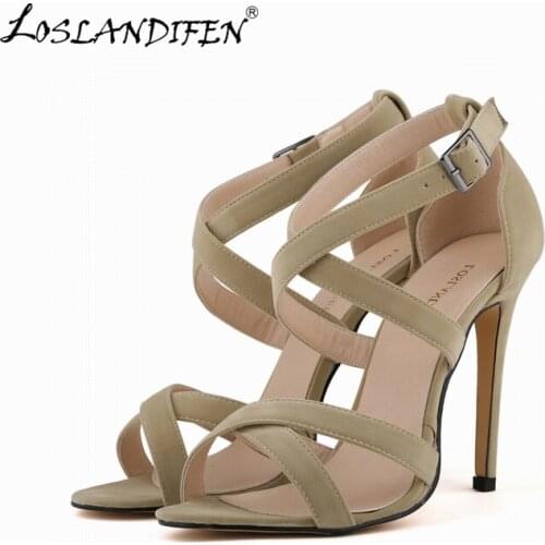 LOSLANDIFEN 11 CM Thin Heels Women Pumps Sexy Ankle Cross Strap Sandals Woman Ladies Pointed Toe High Dress Party Shoes