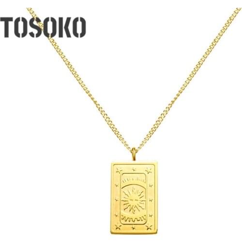 TOSOKO Stainless Steel Jewelry 18 K Golden Sun Square Brand Pendant Necklace Womens Fashion Clavicle Chain BSP503