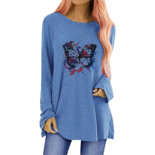 3D Printed Butterfly Irregular Women T-shirt Autumn Fashion Casual Round Neck Womens Tees Long Sleeved Cotton Ladies T-shirt