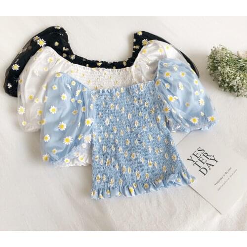 Elegant Women Summer Puff Sleeve Square Collar Floral Embroidery Ruffles Chic Shirt Lady Short Elastic Slim Pullover Blouse Tops