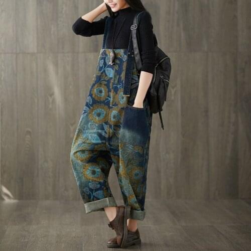 Womens Pants Baggy Rompers Print Jumpsuit Dungarees Overalls Leisure Denim Pants Trousers with Pockets