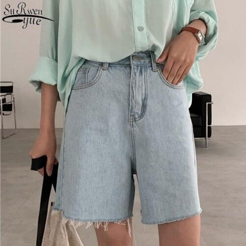 2021 Korean Summer Light Blue Loose Tassels Hem Denim Shorts for Women High Waist Burr Wide Leg Denim Shorts Female 9942