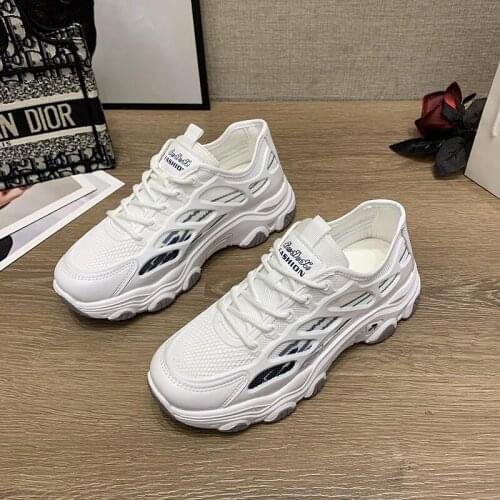 Womens Platform Sneakers For Women Shoes Comfy Breathable Mesh Trainers Chunky Heels 4cm Casual Female White Mesh Shoes
