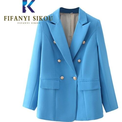 Blue Blazer Jackets Women 2021 New Double Breasted Fashion High Quality Suit Jacket Ladies Casual Office Chic Blazers Coat