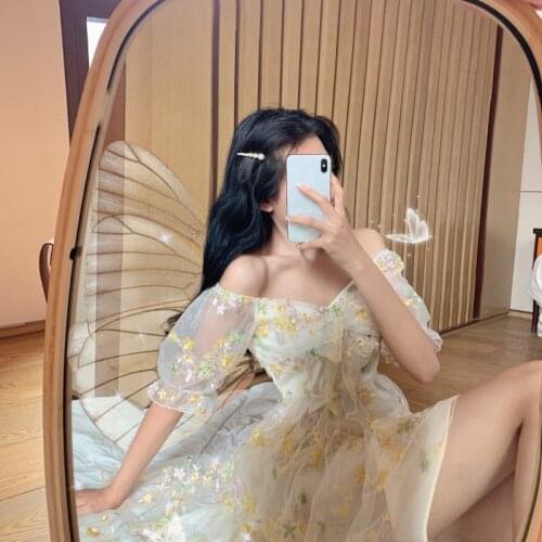 2021 Summer Women Floral Fairy Mini Dress Slash Neck Puff Sleeve Embroidery Flower Mesh Dress French Romantic Feminine Dress
