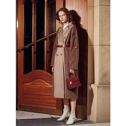 Fashion Vintage Plaid Wool Coat Women Slim Belt Long Jacket Ladies Double Breasted Winter Warm Woolen Outerwear Overcoat Female