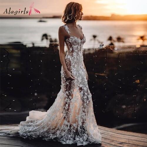Sexy Illusion Mermaid Wedding Dress Boho Luxury Flowers Lace Vestidos Sweetheart Backless Bridal Dress 2020 Champagne