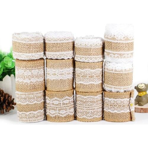 2Meters/Lot 2inch Natural Jute Burlap Hessian Ribbon with White Lace Trim Rustic Vintage Wedding Decor Party Gift Wrapping Tape