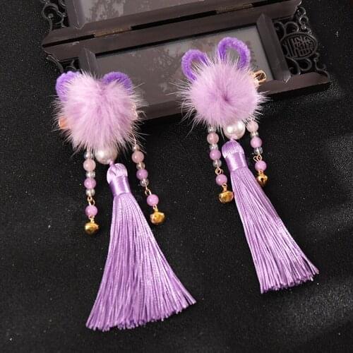 Newly 2pcs Hairball Hairpin with Tassel Chinese Style Cute Vintage Headdress Hanfu Clothing Accessories for Women Lady
