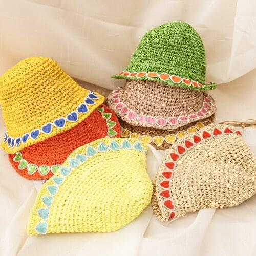 2021 New Fashion Cartoon Heart Girls Hats Kids Baby Summer Straws Hat Holiday Casual Accessories For Children Caps