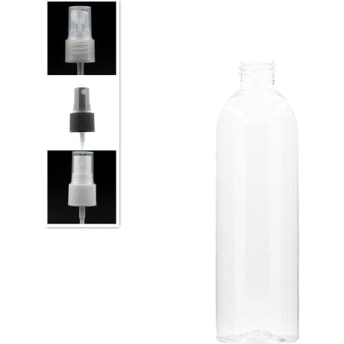 250ml empty cosmo round plastic bottle, clear pet bottle with transparent/white/black fine mist sprayer
