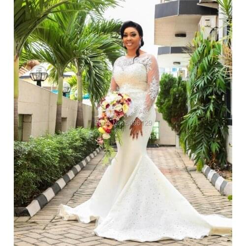 AWH Plus Size Mermaid Wedding Dresses Appliques Lace Long Sleeves Beaded White Ivory Wedding Gown Customized Bridal Dress Formal
