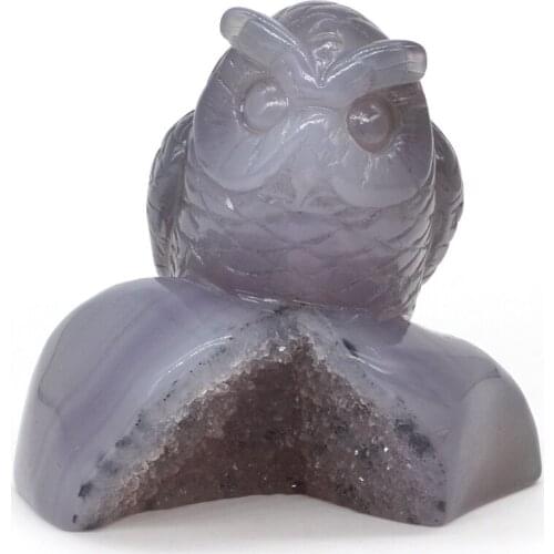 Owl Figurine Natural Gemstone Hollow Geode Agate Carved Reiki Healing Decor3.7"