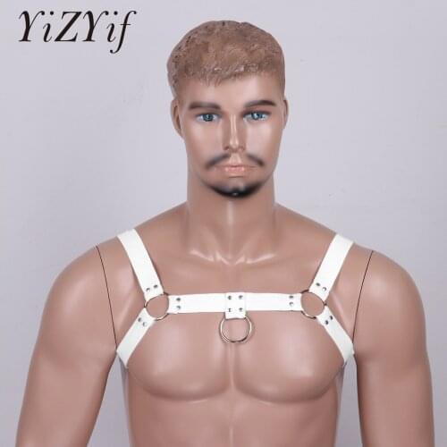 Gay Mens Elastic Wide Shoulder Chest Muscle Harness Belt with Metal O-rings and Rivets Fancy Club Party Costume Strap Accessory