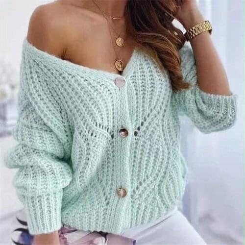 Oversized Off Shoulder Solid Cardigan Women Casual Long Sleeve Sweater Cardigan Autumn Loose Button Elastic Vintage Tunic Tops