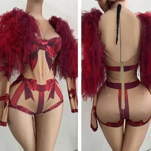 Personality Big Bow Nude Spandex Bodysuit Women Mesh Sleeve Stretch Dancer Leotard Nightclub Showgirl Stage Performance Costumes