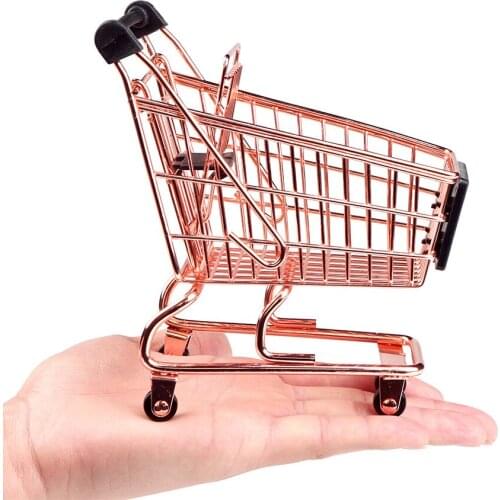 Mini Metal Trolley Rose Gold Storage Basket Small Shopping Cart Style Puff Organizer Basket Desktop Cosmetic Brush Frame