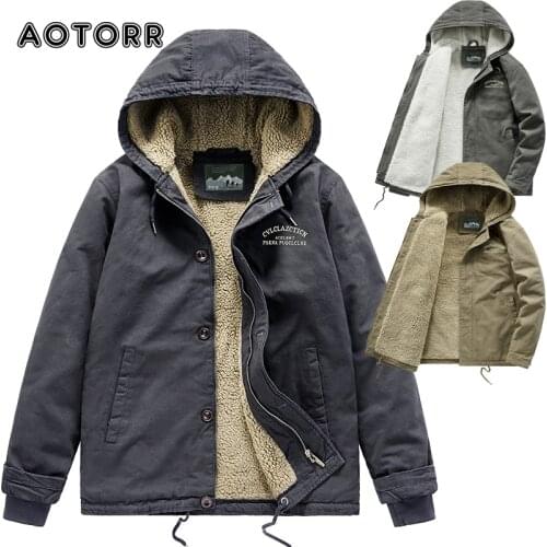 Mens Jacket Cotton Lamb Wool Outwear Thick Male Plus Velve Hooded Padded Jackets Fleece Tooling Pilot Coats Brand Clothing 4XL