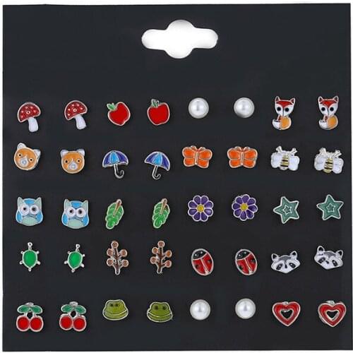 Fashion Cute Enamel Earring Set Plant Fox Butterfly Frog Ladybug Bee Tortoise Stud Anti-allergic Earring for Girls