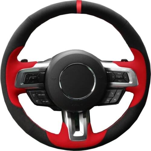 Hand-stitched Car Steering Wheel Cover Black Genuine Leather Suede For Ford Mustang 2015 2016 2017 2018 2019 Auto Car Styling