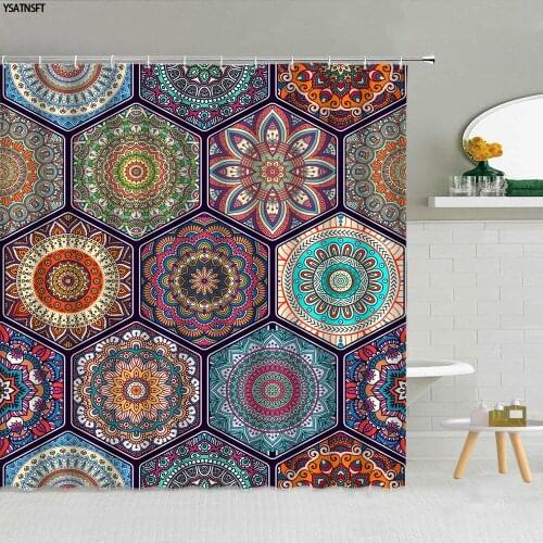 Retro Mandala Flower Theme Shower Curtain Bohemian Geometric Ethnic Pattern Fabric Bathroom Supplies Cloth Curtains With Hooks