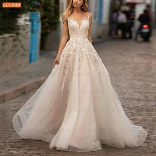 Luxury Appliqued Wedding Dresses White 2021 Bride Gown Custom Made vestido de noiva A Line Tulle Lace Beading hochzeitskleid New