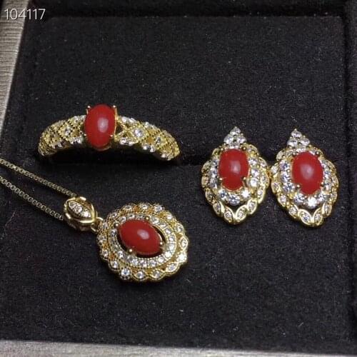 Natural and Real Red Coral jewelry set 925 sterling silver 1pc pendant,1pc ring ,2pcs Earring