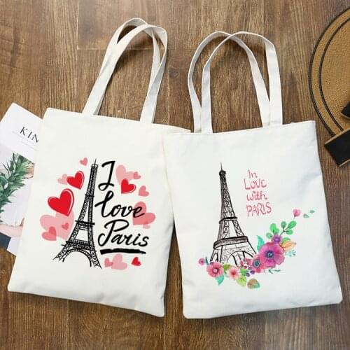 I Love Paris Print Shopper Bags Shopping Bag Tote Bag Canvas Bags Female Cotton Cloth Shoulder Bag Eco Handbag Reusable Grocery