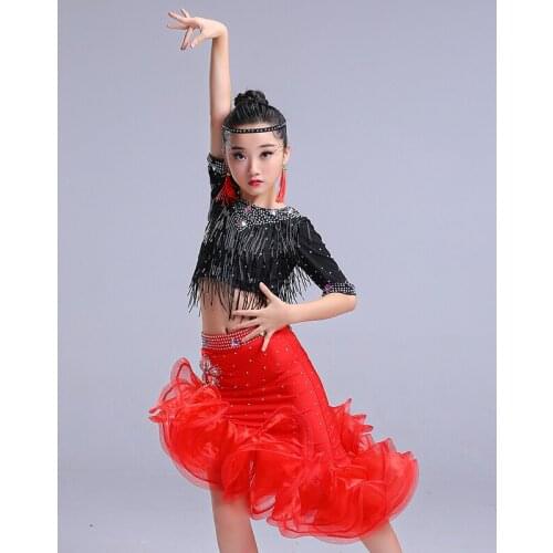 Tassel Ballroom Dancing Dresses Kids Sequins Latin Dance Costumes Salsa Cha Cha Samba Tango Performances Competition Costumes