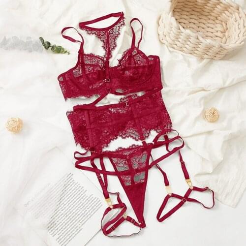 Ultra-thin red lingerie sponge-free underwired three pieces bra and briefs garter set lace transparent underwear bralette
