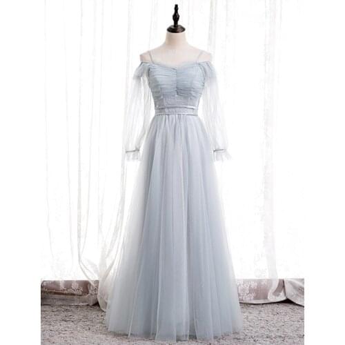 Boat Neck Evening Dress Long Sleeve Robe De Soiree 2021 Fashion Light Blue A-line Evening Dresses Long Dress Vestido De Festa