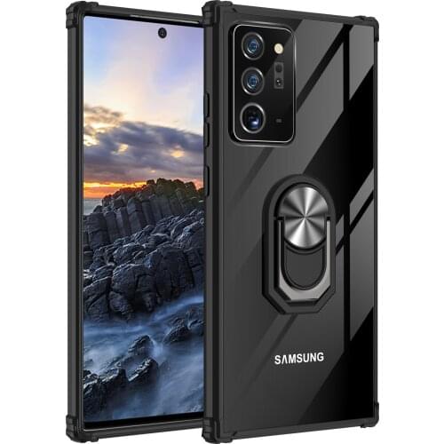 Military Acrylic Rugged Armor Shockproof Case For Samsung Galaxy Note 20 Ultra Magnetic Metal Ring Stand Transparent Back Cover