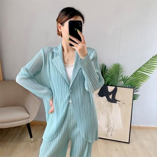New womens business suits for autumn 2021 Miyak fold Fashion mint green long-sleeved suit + two-piece straight pants