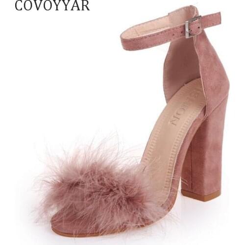 COVOYYAR Ankle Strap High Heels Faux Fluffy Rabbit Fur Women Sandals 2021 Thick High Heel Party Wedding Summer Lady Shoes WHH118