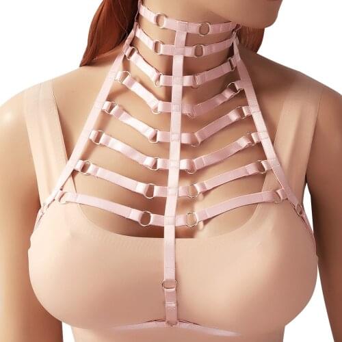 Elastic Bondage Body Harness Bra Fetish Lingerie Harness for Women Pink Adjust Punk Goth Pu Strap Tops Cage Festival Rave