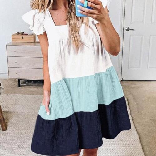 Casual Flying Sleeve Women Ruffle Mini Dress Fashion Summer Pocket Loose Beach Dress Elegant Patchwork Square Collar Party Dress